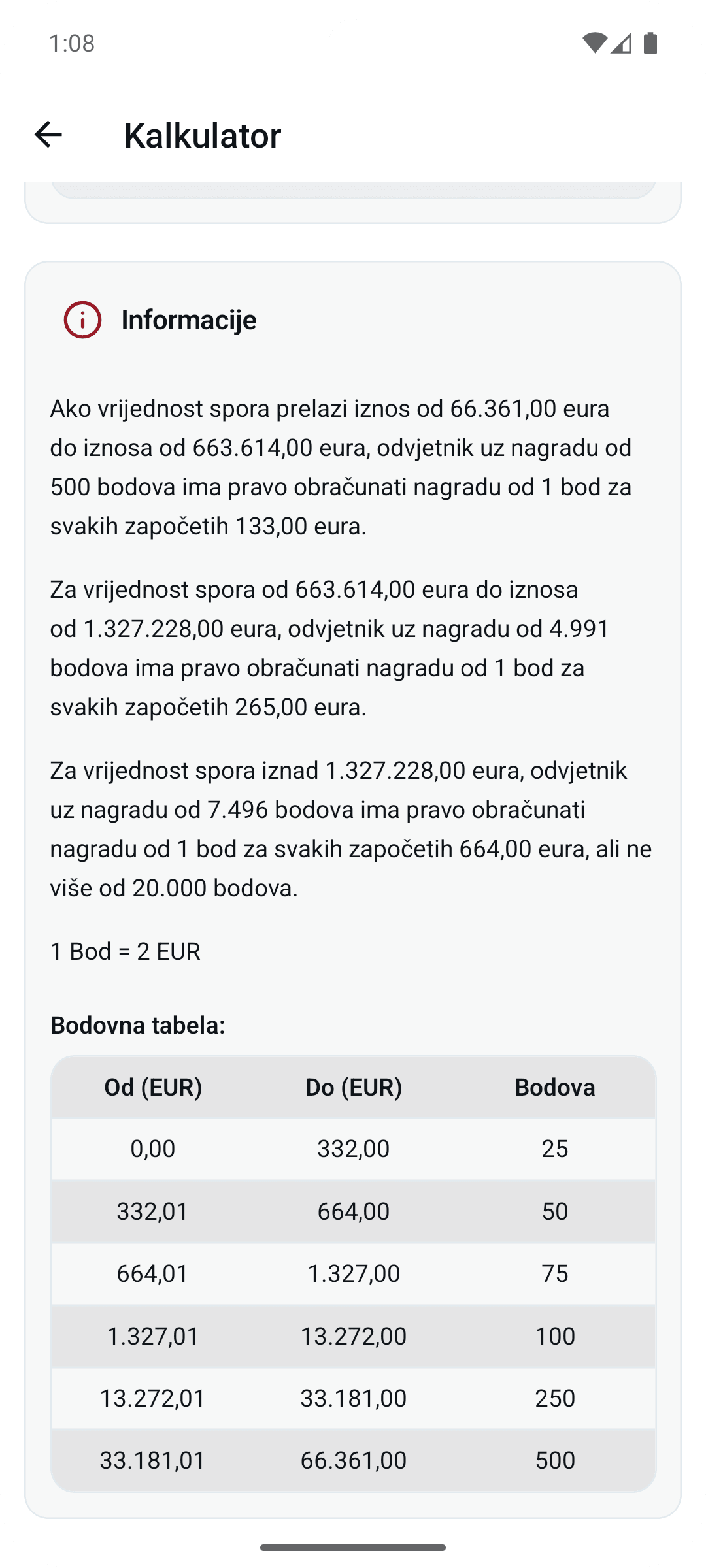 VPS tablica tarifnih bodova